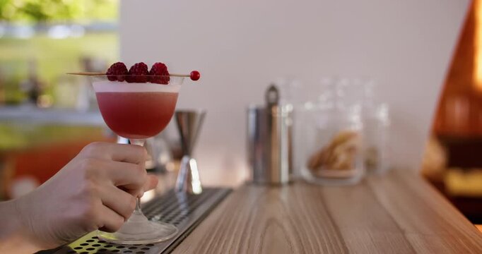 Cocktail garnish. Barkeeper work. Hand serving bright fancy drink with fresh raspberry white foam in coupe glass on wooden pub counter.