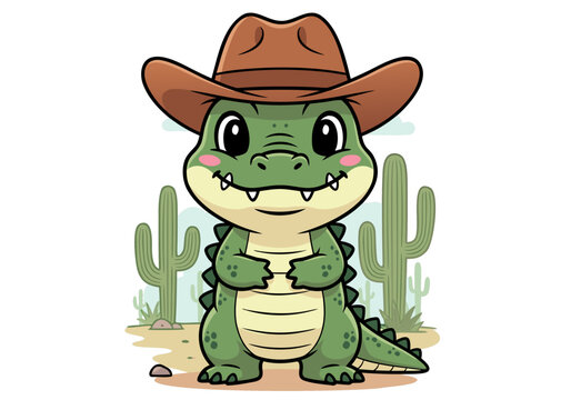 A smiling cartoon alligator wearing a cowboy hat stands in the desert with cacti around.