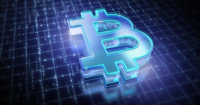 A glowing 3D blue Bitcoin symbol floats above a futuristic digital network grid scattered with binary code and light particles.