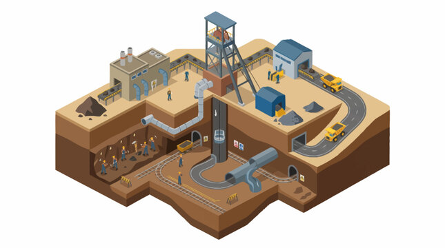 Cross section of a mining operation with underground tunnels and surface buildings.