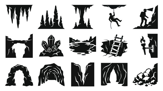 Caving, Speleology, and Cave Exploration Glyph Icons Set. Black and White Adventure Elements Silhouettes.
