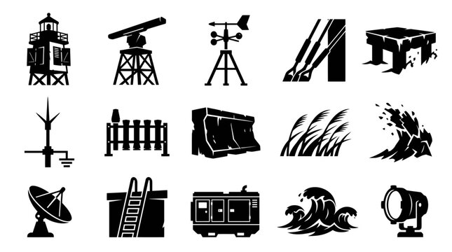 Black and White Icons of Weather and Construction Equipment Vector Set