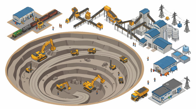 Open pit mine with excavators and processing plant illustration.