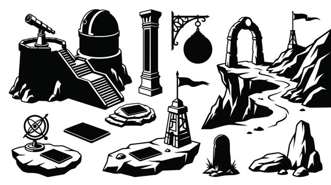 Black and White Isometric Ancient  Fantasy Map Elements - Stylized Adventure Landmark Icons