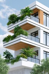 Fototapeta premium Modern apartment building balconies with lush green plants