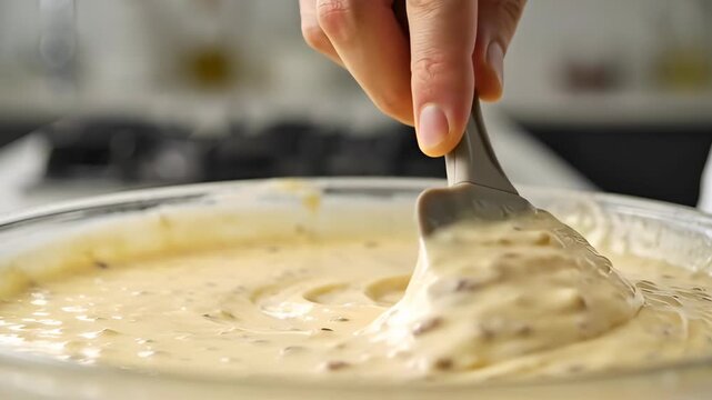 Close-up of a hand using a spatula to stir a creamy batter with small brown inclusions in a glass bowl, preparing for baking.