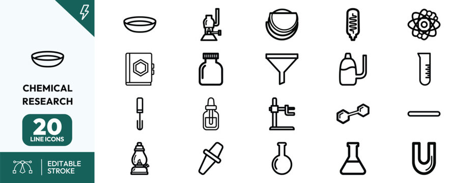 Chemical laboratory research glassware and equipment in modern science lab setting with beakers flasks pipettes and safety gear