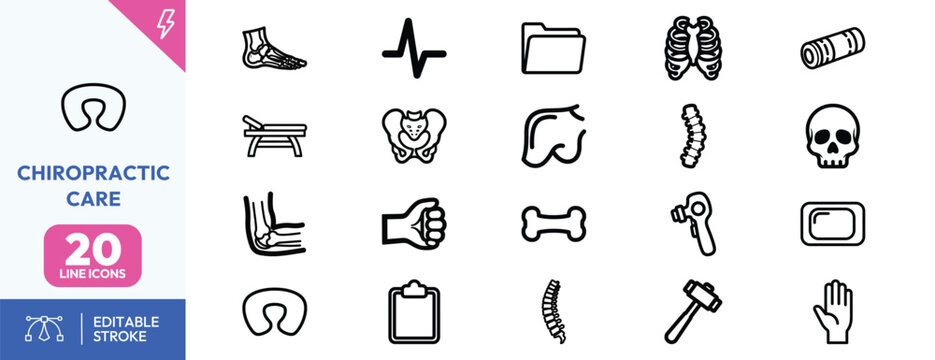 Chiropractic care line art icons set medical anatomy spine vertebrae bones therapy tools for healthcare branding