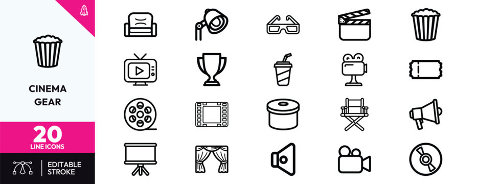 Cinema gear icon set line art monochrome film production equipment symbols for UI design branding and education
