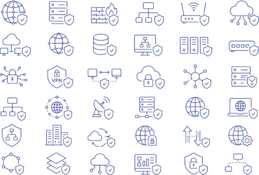 Network infrastructure security icon set minimalist line art server protection vector collection