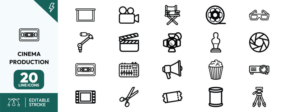 Cinema production icons line art set minimal depicting camera boom lights clapper board stage equipment for film making projects
