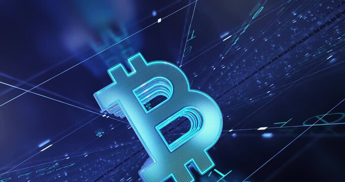 Glowing bitcoin symbol floats through a futuristic cyber network filled with digital data streams.