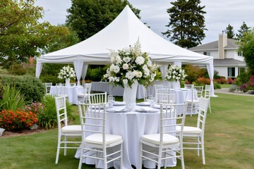 Fototapeta premium Outdoor wedding reception with white tent and floral centerpieces
