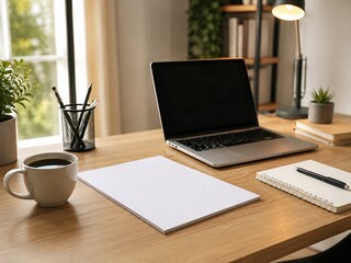 Fototapeta premium Online course planning desk with closed laptop with copy space