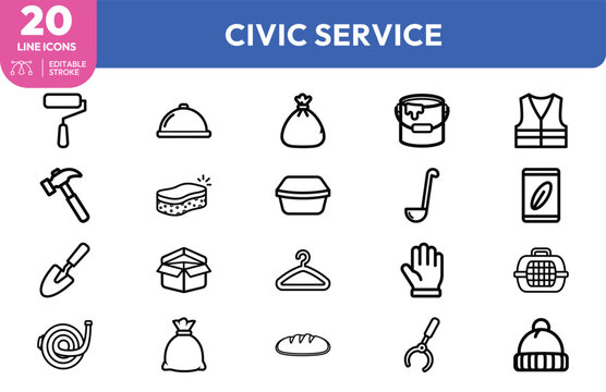Civic Service Icon Set Linear Outline for Government Branding and Public Administration Presentations in Modern Minimal Style