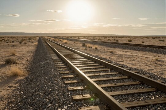 Parallel railway tracks stretch into the desert horizon at sunrise, surrounded by sparse vegetation and vast mountain ranges under a partly cloudy sky.