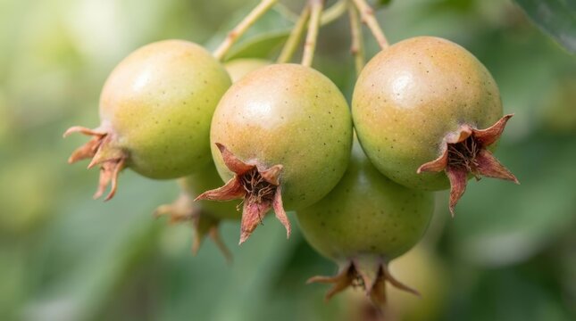 Close-up of unripe serviceberries on a branch with a soft green background.