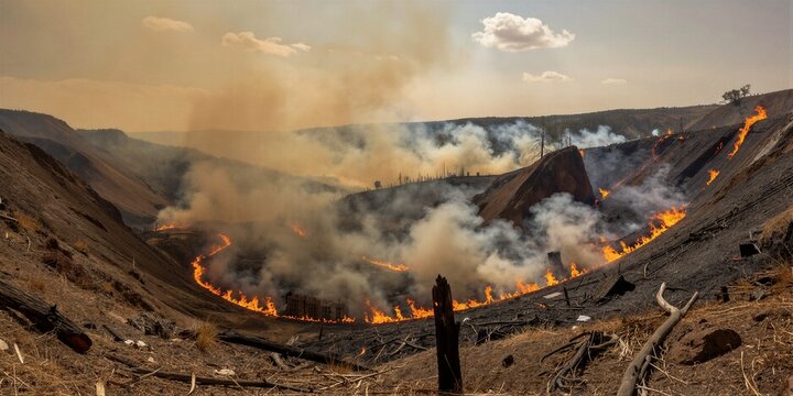 A large wildfire burns across a dry, hilly terrain, fueled by strong winds and consuming everything in its path as flames engulf the slopes and smoke billows into a partly cloudy