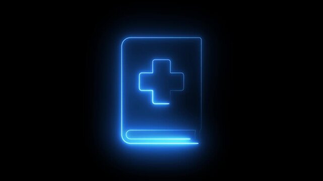 Medical book icon glowing blue neon light animation on black background digital healthcare.
