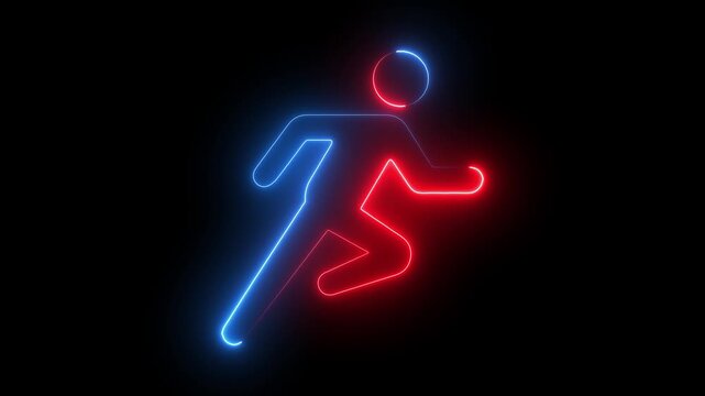Glowing neon running man symbol animation on black background. Racing people silhouette sign concept. Neon line a man run or racing icon animation.4k