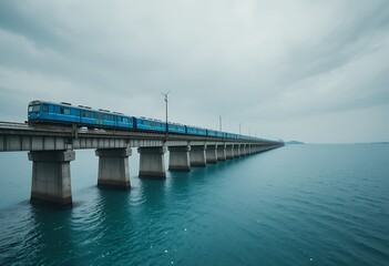 Obraz premium Train over sea on blue locomotive bridge, coastal railway over water
