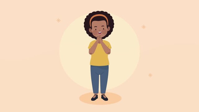Little african girl standing with hands together and expressive face in flat animation.