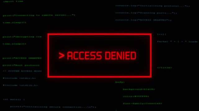 Red Access Denied Warning Message Displayed on a Dark Computer Terminal Screen with Scrolling Green Programming Code for Cybersecurity and Unauthorized Entry Concepts