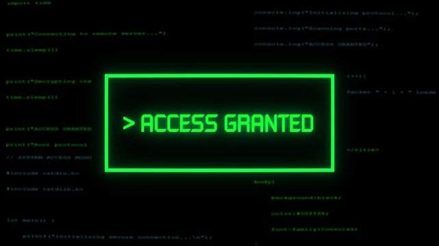 Green Access Granted Message Over Hacking Terminal Screen with Scrolling Computer Programming Code for Cybersecurity and Data Access Concepts