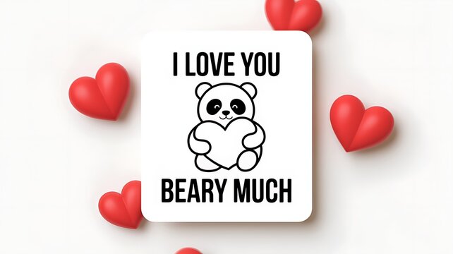 Valentines day card with cute panda bear and red hearts on white background