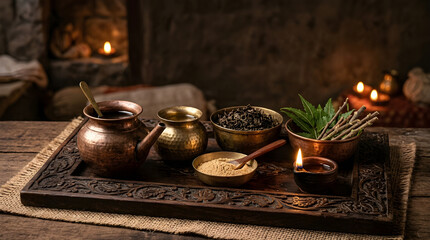 Fototapeta premium Traditional indian ayurvedic medicine setup with herbs and potions on a wooden tray