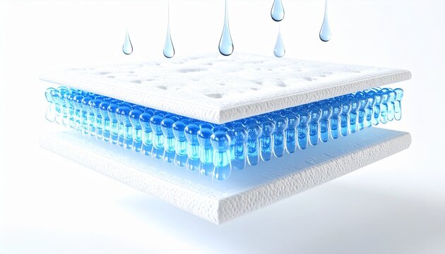 高吸水シートの3層構造と水分吸収イメージ断面図 ジェネレーティブAI