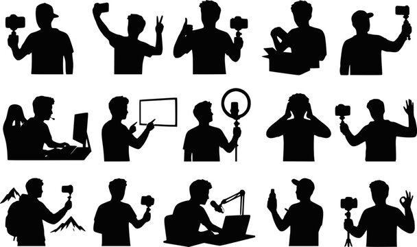 Male vlogger content creator silhouettes vector icon set isolated