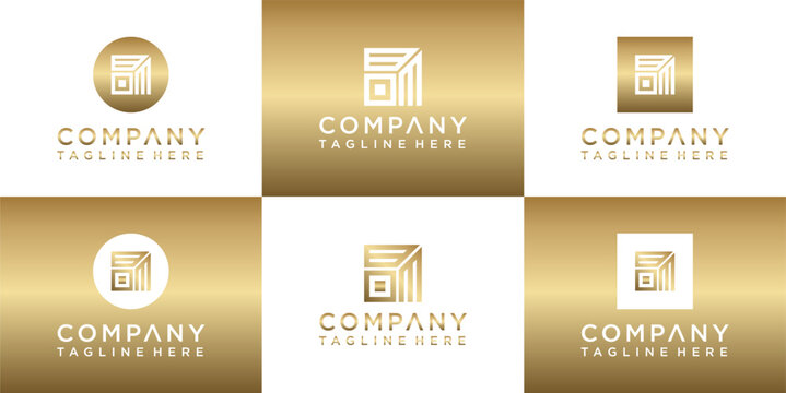 Golden Abstract Geometric Logo Set Displayed on White and Gradient Backgrounds for Business Identity