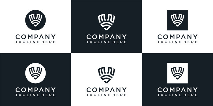 Modern Abstract Shield Letter MNS Logo Design, Multiple Variations on Contrasting White and Dark Backgrounds