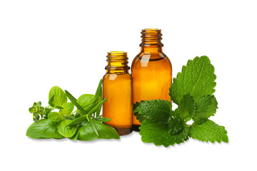 Basil and mint leaves next to amber oil bottles, PNG © Atlas