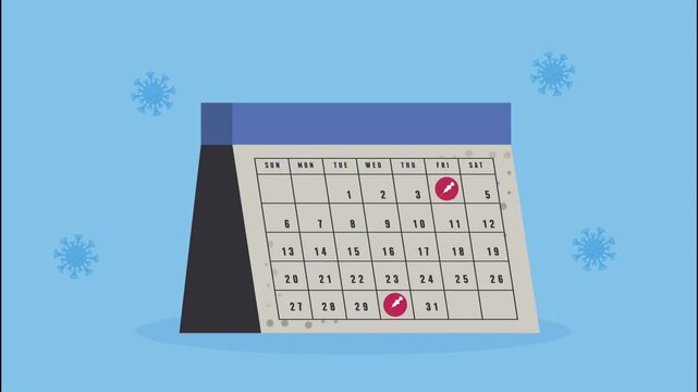 Calendar displaying dates for vaccine appointments with animated virus particles highlighting important days in the month.