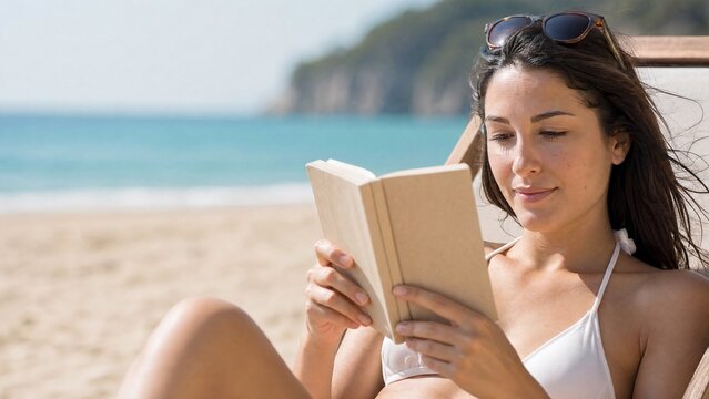 Woman reading a book on the beach during daylight near the ocean shore