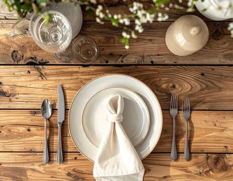 Elegant rustic wooden table setting with ceramic plate silver cutlery and cream napkin warm ambiance