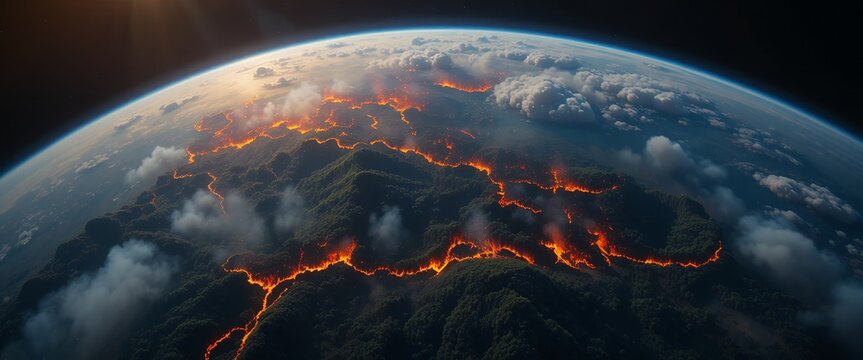 Earth from space: volcanic lava rivers and glowing fissures, space photography