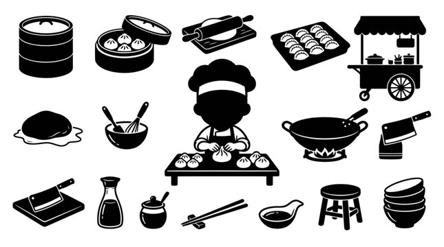 Asian Food  Dim Sum Cooking Glyph Icons Set - Chef, Dumplings, Kitchen Utensils in Black and White Vector Art