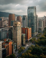 Fototapeta premium Urban Cityscape with Modern Skyscrapers and Lush Greenery
