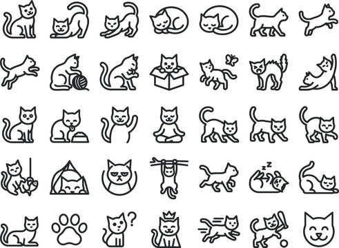 Cat icons, black line art, 30 feline illustrations, vector graphics