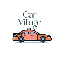 Obraz premium Vintage Style Orange Sedan Car with Car Village Serif Typography Text for Automotive Branding or Dealership Logo, illustration
