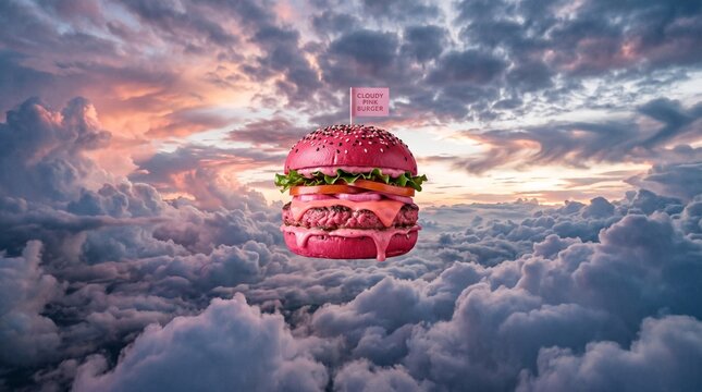 A surreal pink burger floats in the air above fluffy clouds at sunset with a small flag on top saying cloudy dream burger