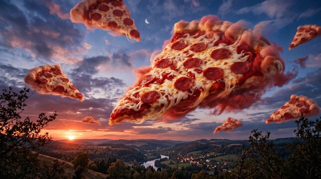 Surreal landscape with flying pepperoni pizza slices in the sky at sunset over a scenic valley with trees and a river