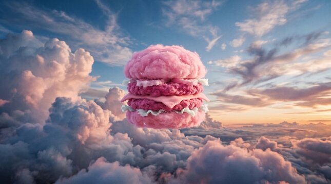 A surreal pink cotton candy hamburger floating in the air above fluffy clouds at sunset with blue sky and scattered clouds