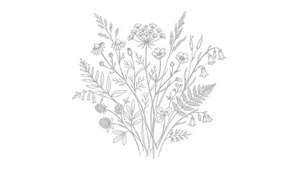 Fototapeta premium Detailed botanical line art illustration featuring a delicate arrangement of various wild meadow flowers and foliage created with fine strokes in a classic minimalist style for elegant and simple deco