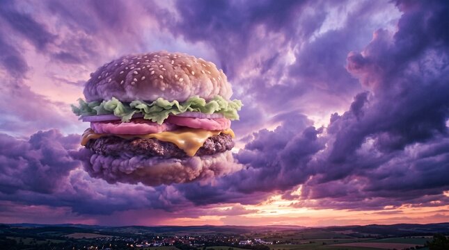 A surreal image of a giant hamburger floating in the air against a backdrop of purple clouds and a sunset over a landscape