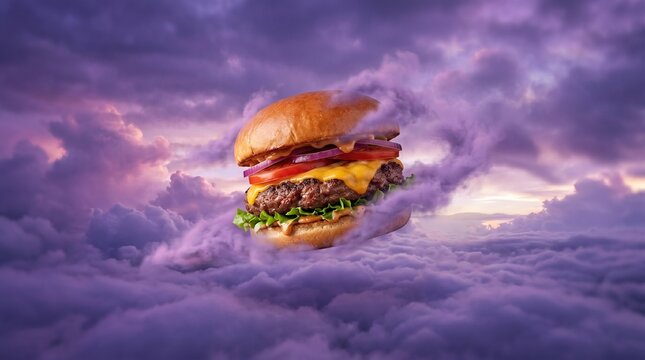 A surreal image of a cheeseburger floating in the air above purple clouds at sunset with lettuce tomato and onion