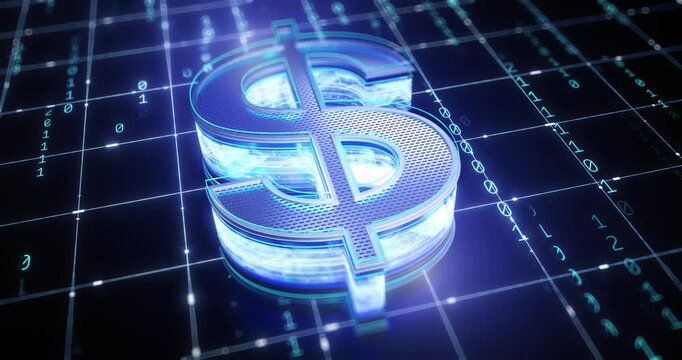 Illuminated dollar currency symbol appears in a futuristic digital finance environment with glowing blue effects.